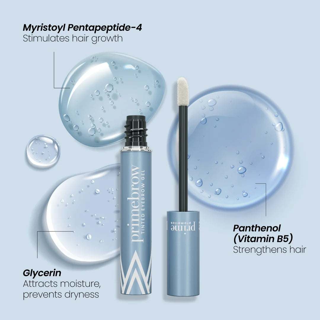 Prime Prometics PrimeBrow Growth Serum key ingredients: Myristoyl Pentapeptide-4 stimulates hair growth, glycerin attracts moisture and prevents dryness, panthenol vitamin B5 strengthens hair