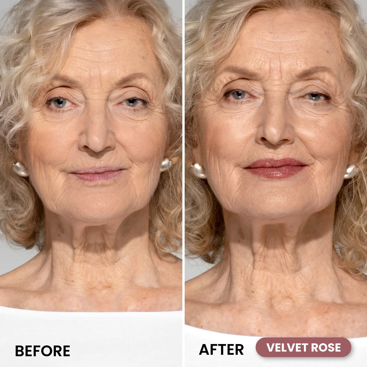 Before-and-after of an older white-haired woman with bare lips becoming visibly fuller and glossy with Prime Prometics PrimeLip Plumping Lip Balm in Velvet Rose