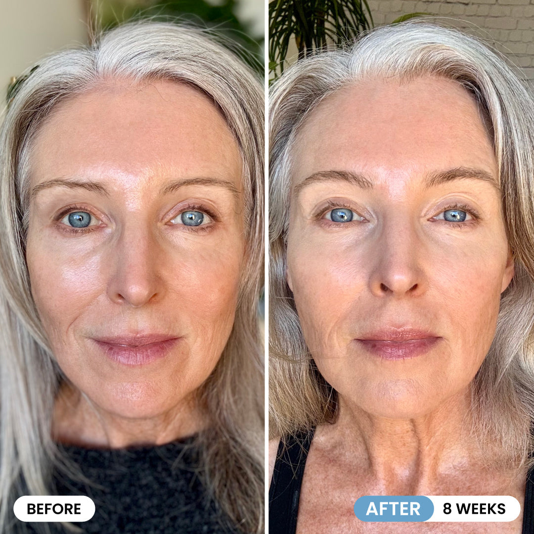 Before-and-after of a mature gray-haired woman showing visibly fuller brows after 8 weeks of Prime Prometics PrimeBrow Growth Serum