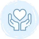 Outline of two hands cupping upward with a heart shape above them, all in blue on a light blue circular background. The image conveys care, support, or giving.