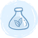 A simple blue line drawing of a round-bottom flask with two leaves inside, on a light blue circular background.